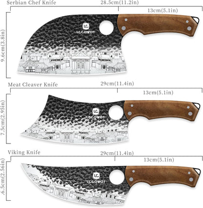 3PCS Butcher Knife Set, includes 7" Butcher Meat Cleaver, 7" Serbian Chef and 6.5" Viking Knife, Stainless Steel Kitchen Knife Set with Wood Handle, Geat for Indoor&Outdoor (Stylish Pattern)