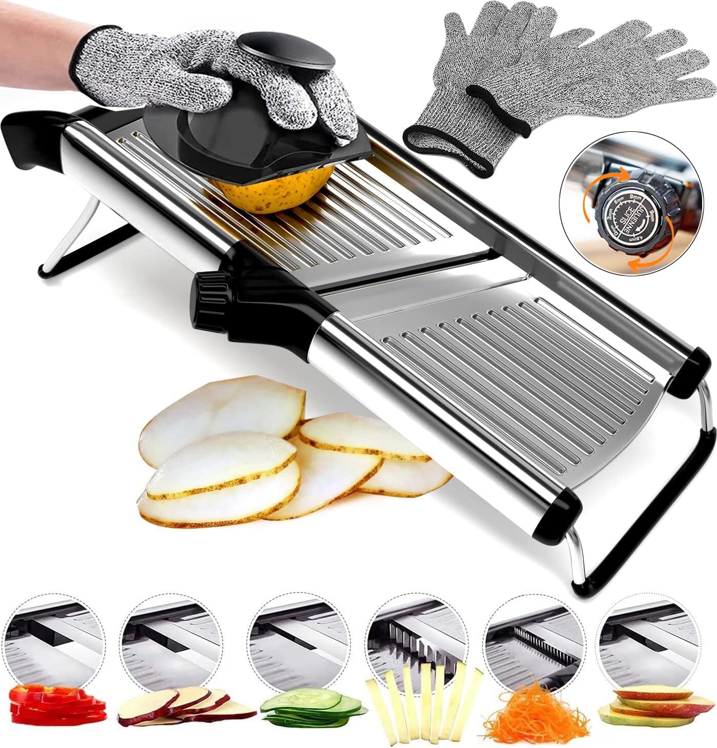 Stainless Steel Mandoline Slicer for Kitchen – 6-Setting Adjustable, 16.5 x 5 In. Platform, Hand Guard, Cut-Resistant Gloves – Vegetable Chopper, Meat Slicer, Cheese Slicer