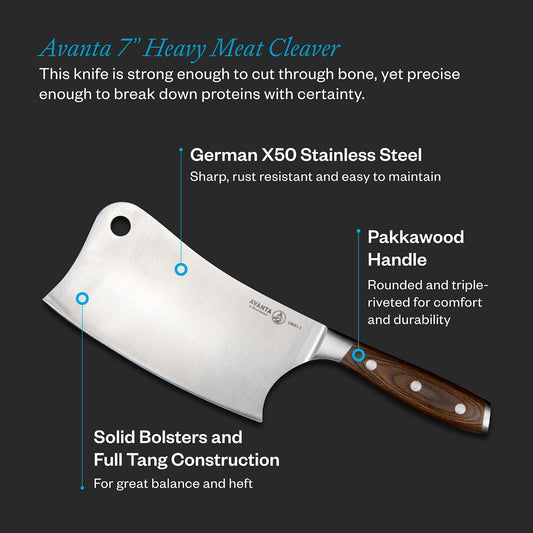 Avanta Forged 7” Heavy Meat Cleaver - German X50 Stainless Steel - Rust Resistant & Easy to Maintain