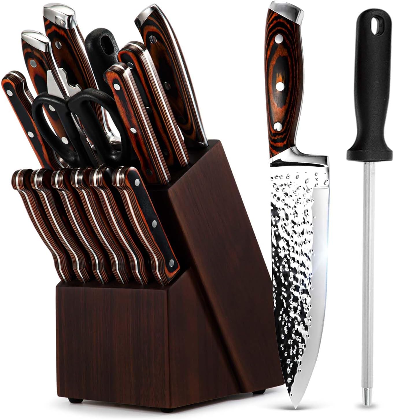 Kitchen Knife Sets with Block, 15-Piece High Carbon Stainless Steel Knife Block Set with Sharpener, Ultra-Sharp kitchen knives with Triple Rivet Wood Handle Perfect for Cooking Cut