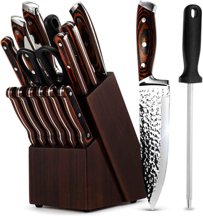 Kitchen Knife Sets with Block, 15-Piece High Carbon Stainless Steel Knife Block Set with Sharpener, Ultra-Sharp kitchen knives with Triple Rivet Wood Handle Perfect for Cooking Cut