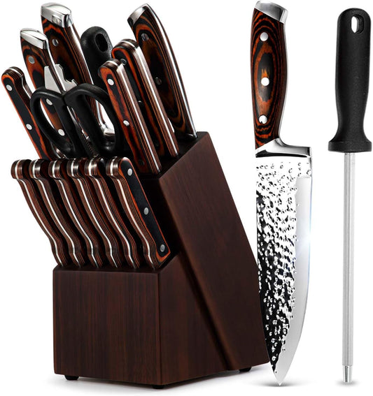 Kitchen Knife Sets with Block, 15-Piece High Carbon Stainless Steel Knife Block Set with Sharpener, Ultra-Sharp kitchen knives with Triple Rivet Wood Handle Perfect for Cooking Cut