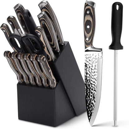 Kitchen Knife Sets with Block, 15-Piece High Carbon Stainless Steel Knife Block Set with Sharpener, Ultra-Sharp kitchen knives with Triple Rivet Wood Handle Perfect for Cooking Cut