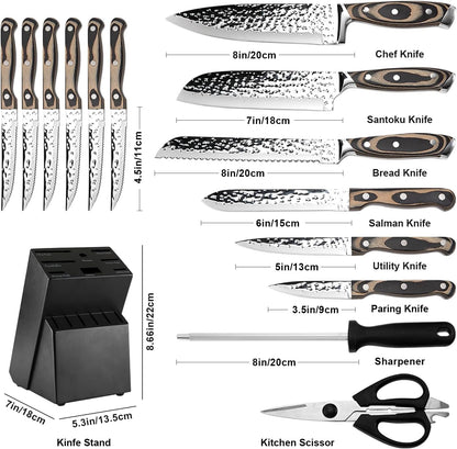Kitchen Knife Sets with Block, 15-Piece High Carbon Stainless Steel Knife Block Set with Sharpener, Ultra-Sharp kitchen knives with Triple Rivet Wood Handle Perfect for Cooking Cut