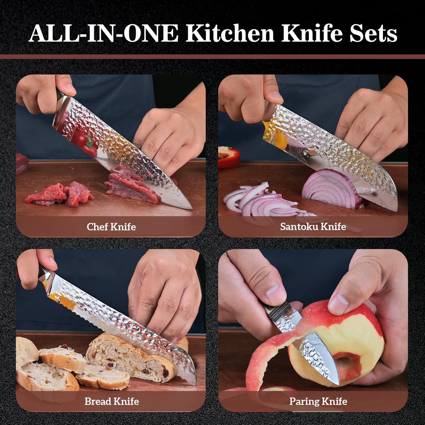 Kitchen Knife Sets with Block, 15-Piece High Carbon Stainless Steel Knife Block Set with Sharpener, Ultra-Sharp kitchen knives with Triple Rivet Wood Handle Perfect for Cooking Cut