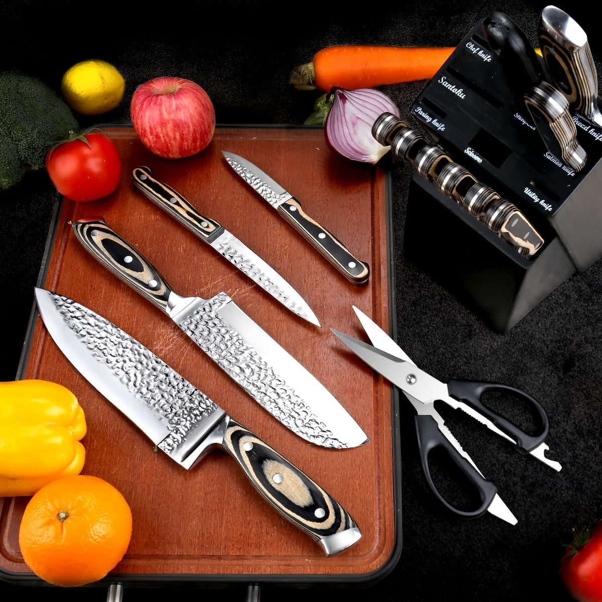 Kitchen Knife Sets with Block, 15-Piece High Carbon Stainless Steel Knife Block Set with Sharpener, Ultra-Sharp kitchen knives with Triple Rivet Wood Handle Perfect for Cooking Cut