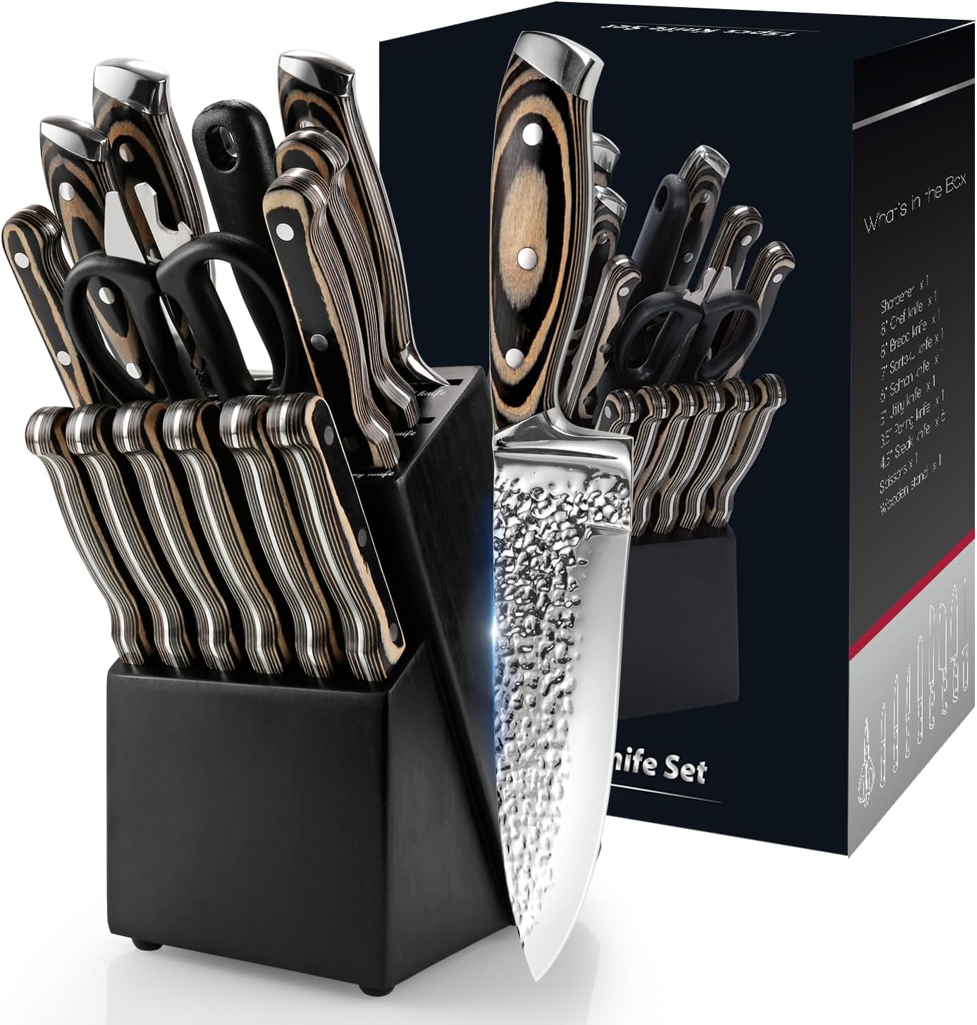 Kitchen Knife Sets with Block, 15-Piece High Carbon Stainless Steel Knife Block Set with Sharpener, Ultra-Sharp kitchen knives with Triple Rivet Wood Handle Perfect for Cooking Cut