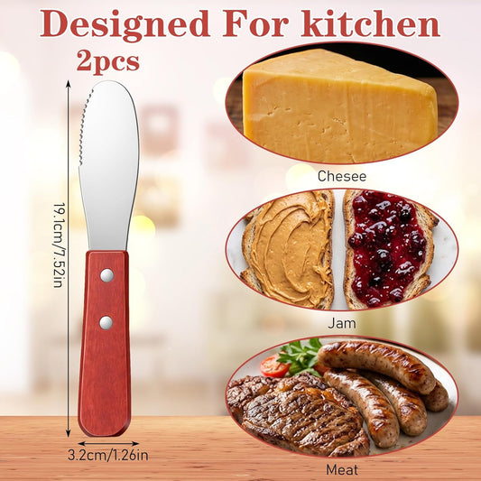2Pcs Butter Knife Spreader, Stainless Steel Spreader Knife Wide Edge Butter Cheese with Wood Handle, Spreading Knifes Perfect for Butters, Cheese, Sandwich Cream, Condiments Kitchen Cooking Utensil