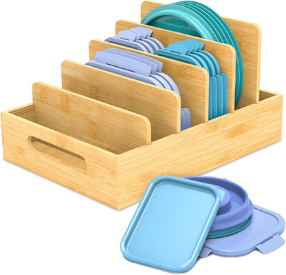Lid Organizer for Cabinet, Bamboo Expandable Kitchen Organizer with 3 Adjustable Dividers for Plastic Lids, Large Food Storage Container Lid Holder for Drawer, Countertop, Pantry