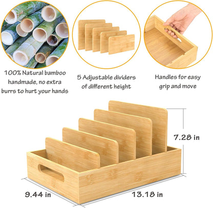 Lid Organizer for Cabinet, Bamboo Expandable Kitchen Organizer with 3 Adjustable Dividers for Plastic Lids, Large Food Storage Container Lid Holder for Drawer, Countertop, Pantry