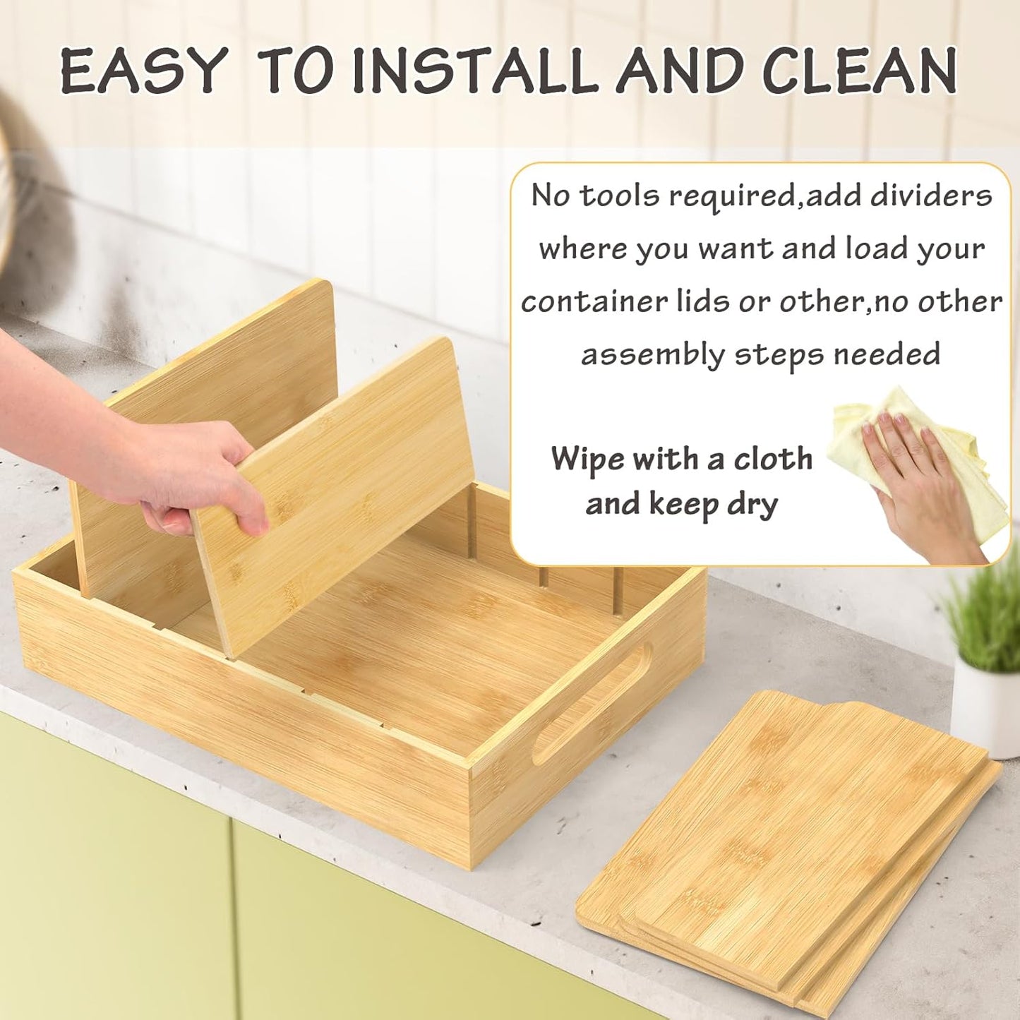 Lid Organizer for Cabinet, Bamboo Expandable Kitchen Organizer with 3 Adjustable Dividers for Plastic Lids, Large Food Storage Container Lid Holder for Drawer, Countertop, Pantry