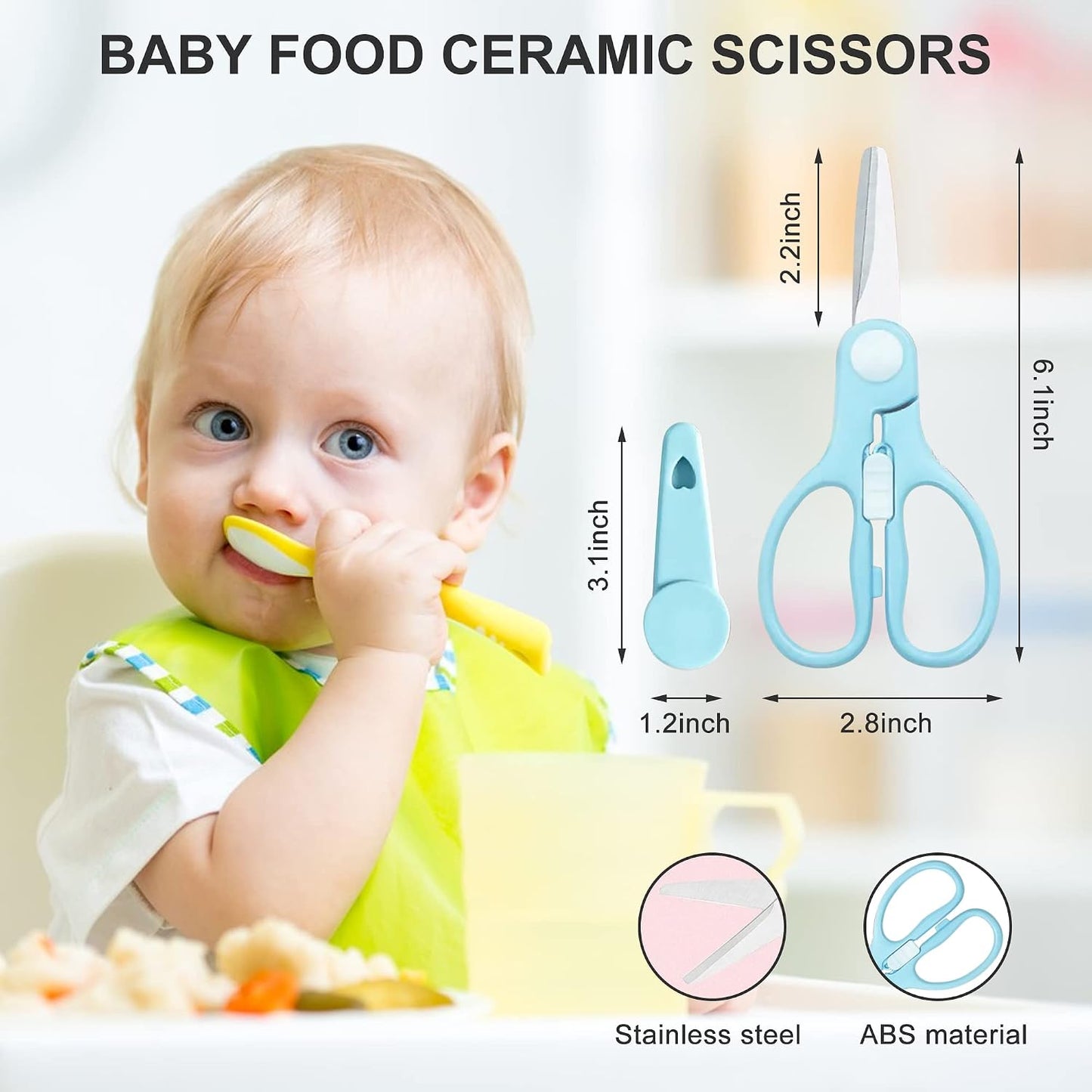 Portable Baby Food Scissors Toddler Feeding Shears with Safety Lock, Food Grade Stainless Steel Material Food Supplement Scissors Suitable for Chicken Poultry Fish Meat Herbs noodles (Blue)