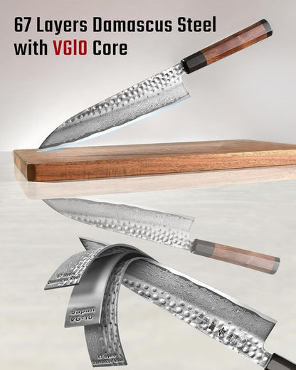 VG10 Damascus Chef Knife, 8.27 Inch Gyuto Knife with Rose Wood Handle and 67 Layers Damascus Steel, Japanese Kitchen Knife with Premium Gift Box