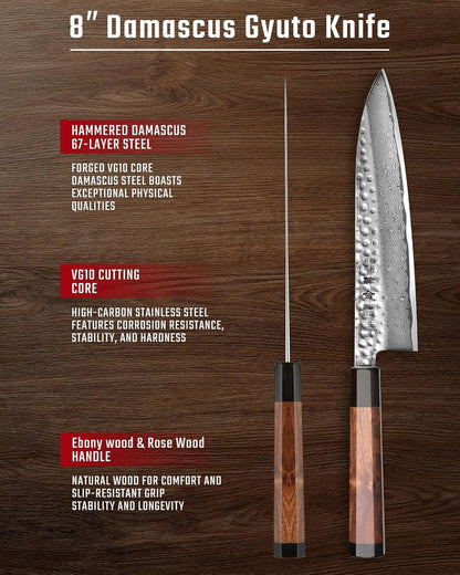 VG10 Damascus Chef Knife, 8.27 Inch Gyuto Knife with Rose Wood Handle and 67 Layers Damascus Steel, Japanese Kitchen Knife with Premium Gift Box