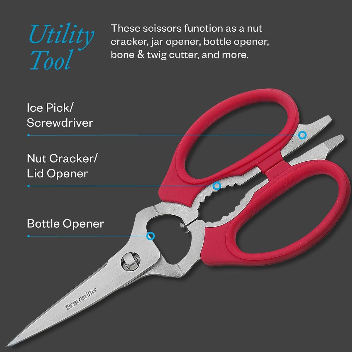 8-Inch Take-Apart Kitchen Scissors, Red - Includes Screwdriver, Nut Cracker, Jar Lid Opener/Gripper, Bottle Opener & Bone + Twig Cutter - Suitable for Lefties & Righties