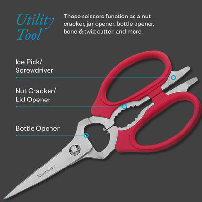 8-Inch Take-Apart Kitchen Scissors, Red - Includes Screwdriver, Nut Cracker, Jar Lid Opener/Gripper, Bottle Opener & Bone + Twig Cutter - Suitable for Lefties & Righties