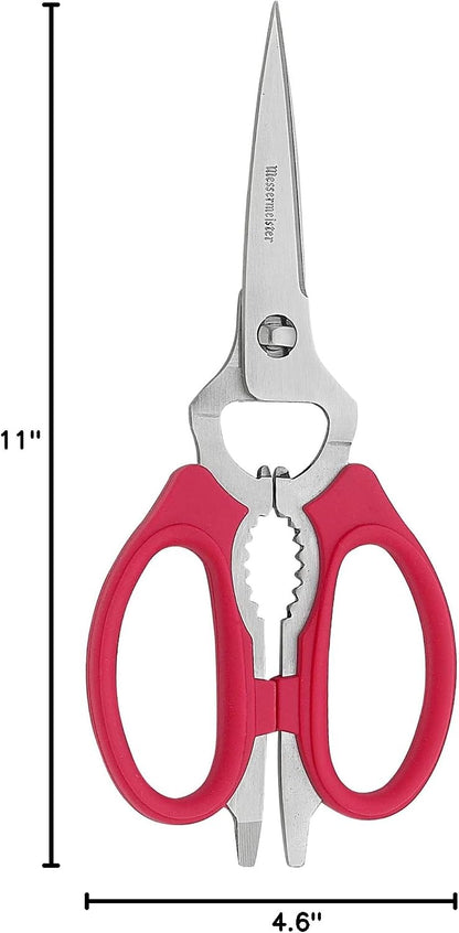 8-Inch Take-Apart Kitchen Scissors, Red - Includes Screwdriver, Nut Cracker, Jar Lid Opener/Gripper, Bottle Opener & Bone + Twig Cutter - Suitable for Lefties & Righties