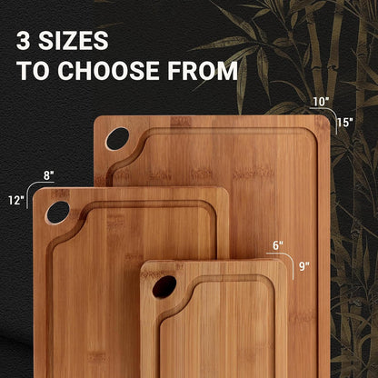 Bamboo Cutting Board for Kitchen, 3Pcs Thickened Wooden Cutting Board Set with Deep Juice Groove, Built-in Handles Durable Chopping Boards for Separating Meat, Vegetables, Fruits, Ideal Gift