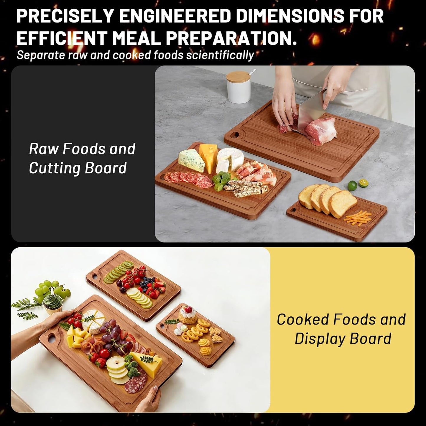 Bamboo Cutting Board for Kitchen, 3Pcs Thickened Wooden Cutting Board Set with Deep Juice Groove, Built-in Handles Durable Chopping Boards for Separating Meat, Vegetables, Fruits, Ideal Gift