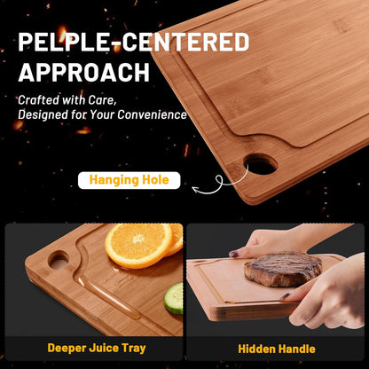 Bamboo Cutting Board for Kitchen, 3Pcs Thickened Wooden Cutting Board Set with Deep Juice Groove, Built-in Handles Durable Chopping Boards for Separating Meat, Vegetables, Fruits, Ideal Gift