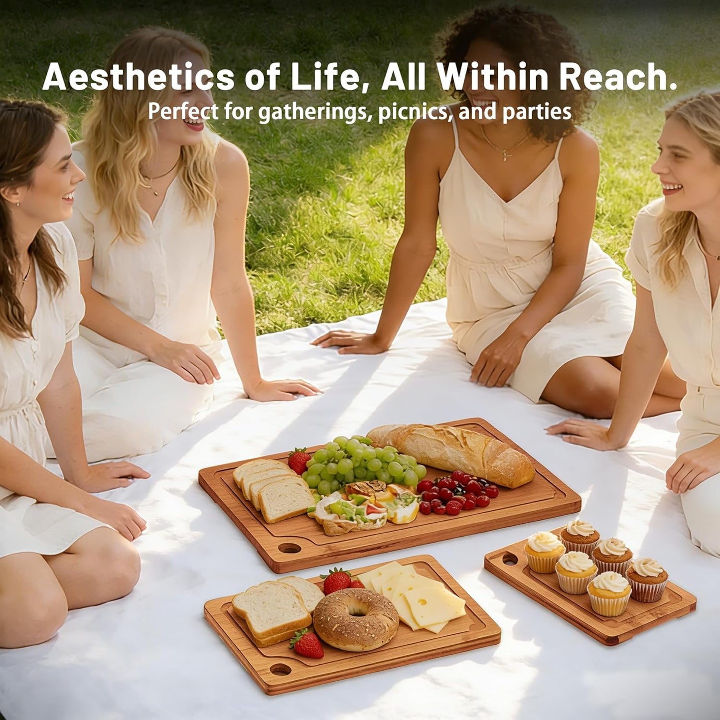 Bamboo Cutting Board for Kitchen, 3Pcs Thickened Wooden Cutting Board Set with Deep Juice Groove, Built-in Handles Durable Chopping Boards for Separating Meat, Vegetables, Fruits, Ideal Gift