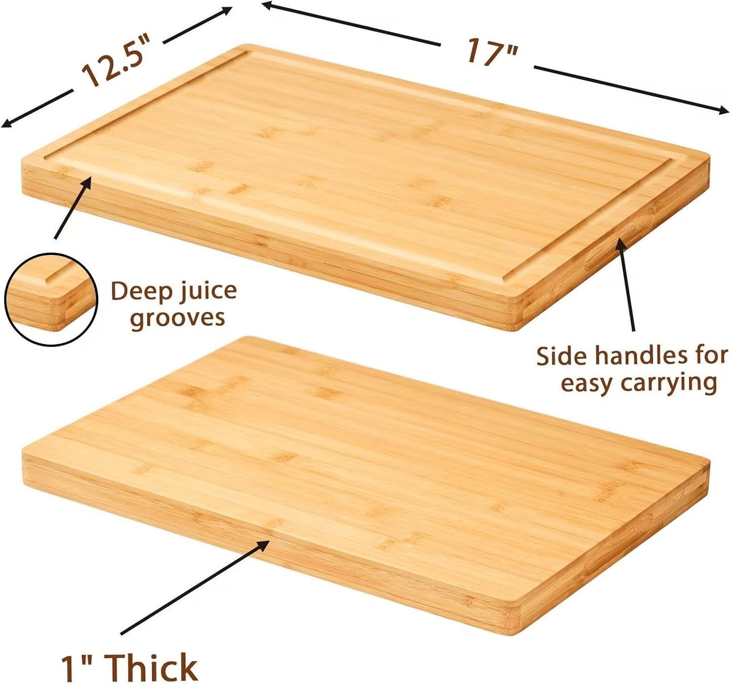 Bamboo Cutting Board for Kitchen, 18" Large Wood Charcuterie Cheese Board, Wooden Chopping Block with Side Handles and Juice Grooves