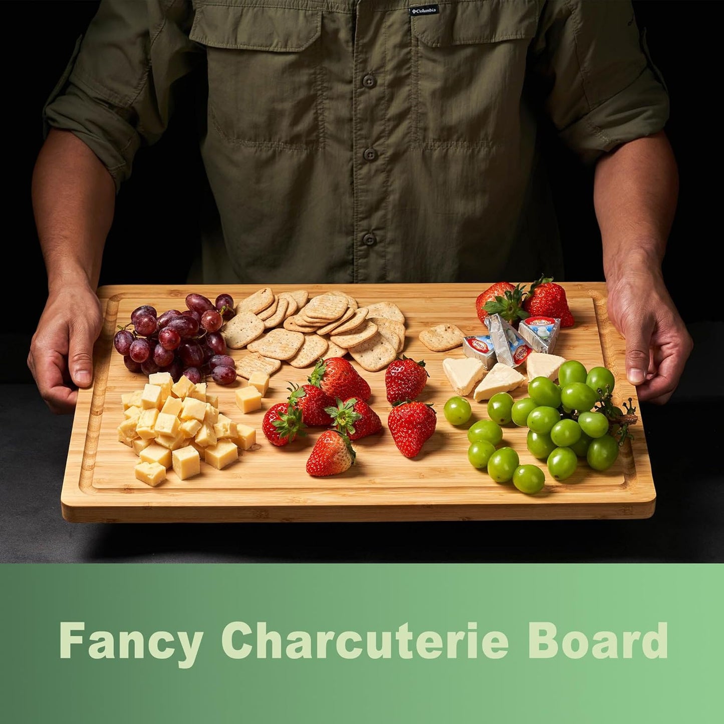 Bamboo Cutting Board for Kitchen, 18" Large Wood Charcuterie Cheese Board, Wooden Chopping Block with Side Handles and Juice Grooves