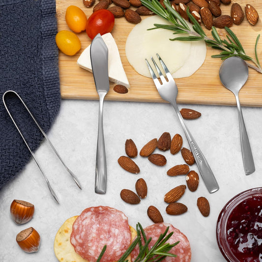 Gourmet Stainless Steel Charcuterie Utensil Set of 8, Includes Forks, Knives/Spreaders, Spoons, Tongs