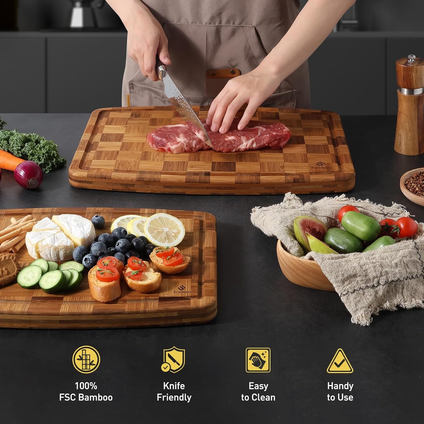 Heavy Duty Bamboo Cutting Board Non Slip Heavy Duty Over Sink Wooden Wood Cutting Board for Kitchen Chopping Board Extra Large Big Small Best House Warming Gift
