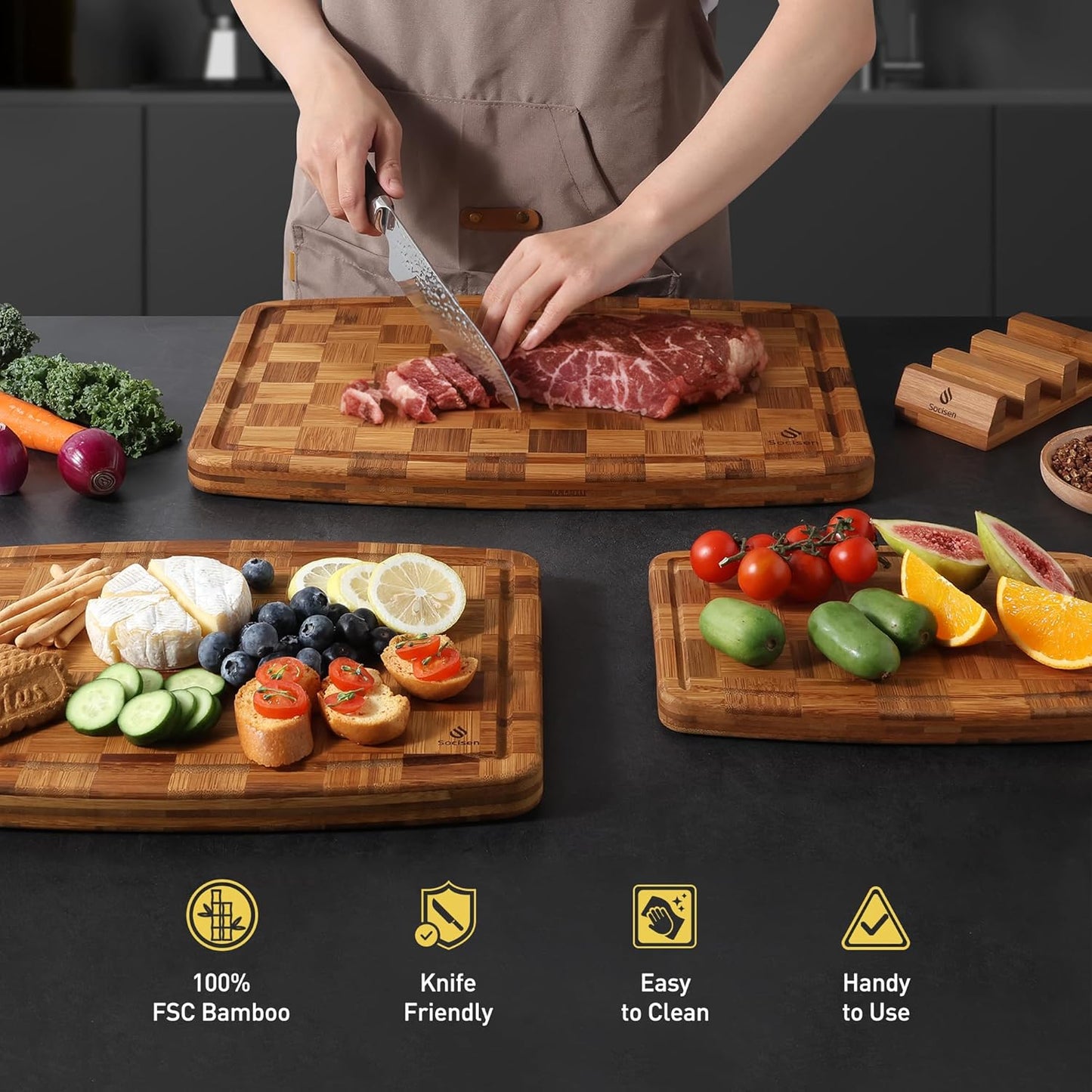 Heavy Duty Bamboo Cutting Board Non Slip Heavy Duty Over Sink Wooden Wood Cutting Board for Kitchen Chopping Board Extra Large Big Small Best House Warming Gift