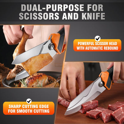 Chenovate® Heavy Duty Kitchen Scissors,Kitchen Shears with Knife & Scissor Switch Lock,Food Scissors Fit for Poultry Bones,Turkey,Meat Cutting,Veggies,Fish,Pizza (orange)