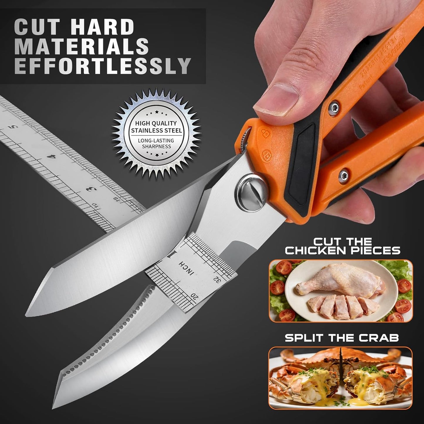 Chenovate® Heavy Duty Kitchen Scissors,Kitchen Shears with Knife & Scissor Switch Lock,Food Scissors Fit for Poultry Bones,Turkey,Meat Cutting,Veggies,Fish,Pizza (orange)