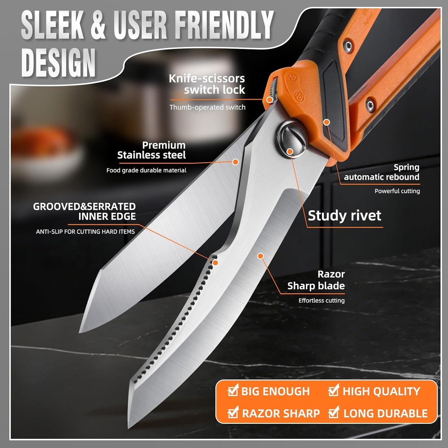 Chenovate® Heavy Duty Kitchen Scissors,Kitchen Shears with Knife & Scissor Switch Lock,Food Scissors Fit for Poultry Bones,Turkey,Meat Cutting,Veggies,Fish,Pizza (orange)