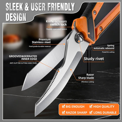 Chenovate® Heavy Duty Kitchen Scissors,Kitchen Shears with Knife & Scissor Switch Lock,Food Scissors Fit for Poultry Bones,Turkey,Meat Cutting,Veggies,Fish,Pizza (orange)