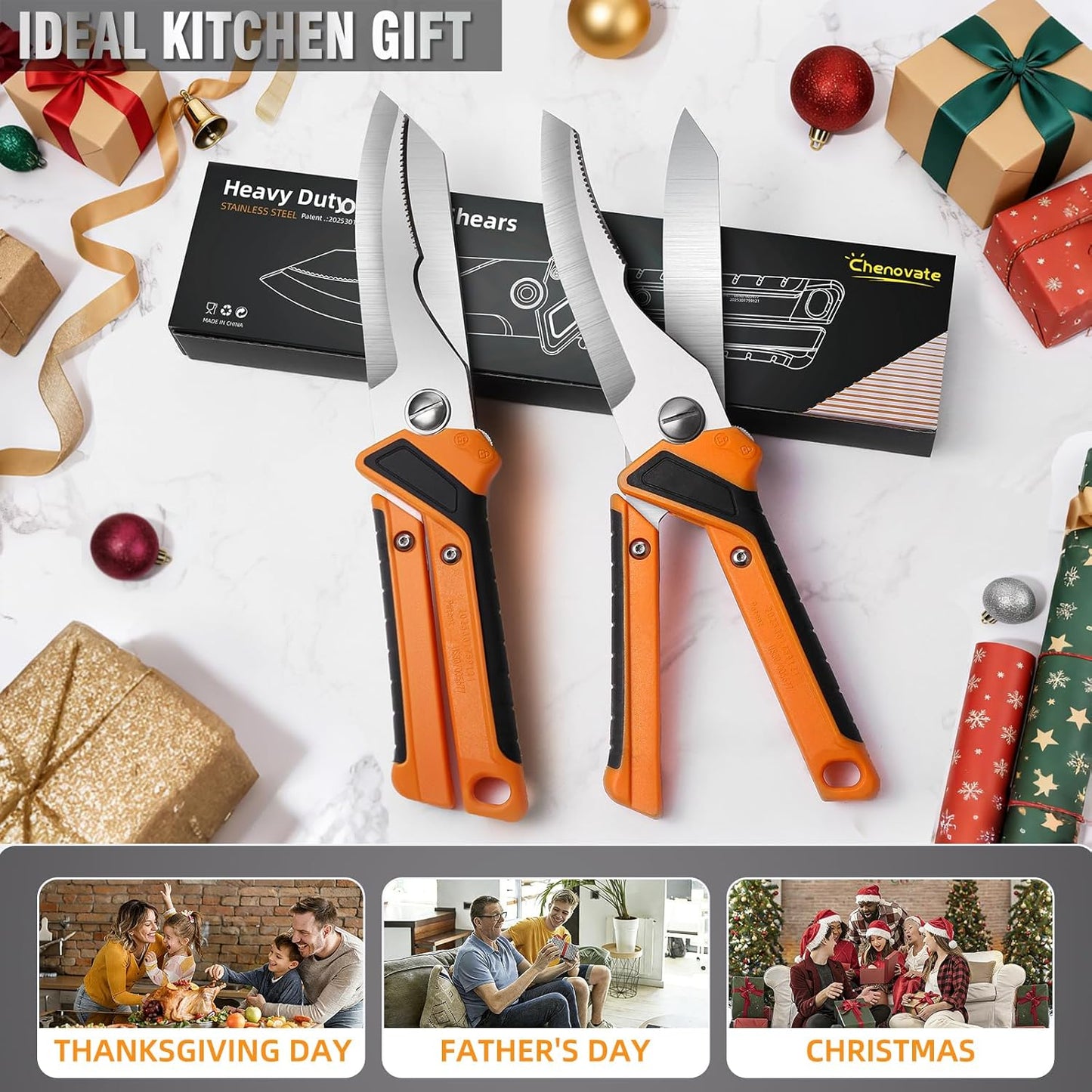 Chenovate® Heavy Duty Kitchen Scissors,Kitchen Shears with Knife & Scissor Switch Lock,Food Scissors Fit for Poultry Bones,Turkey,Meat Cutting,Veggies,Fish,Pizza (orange)