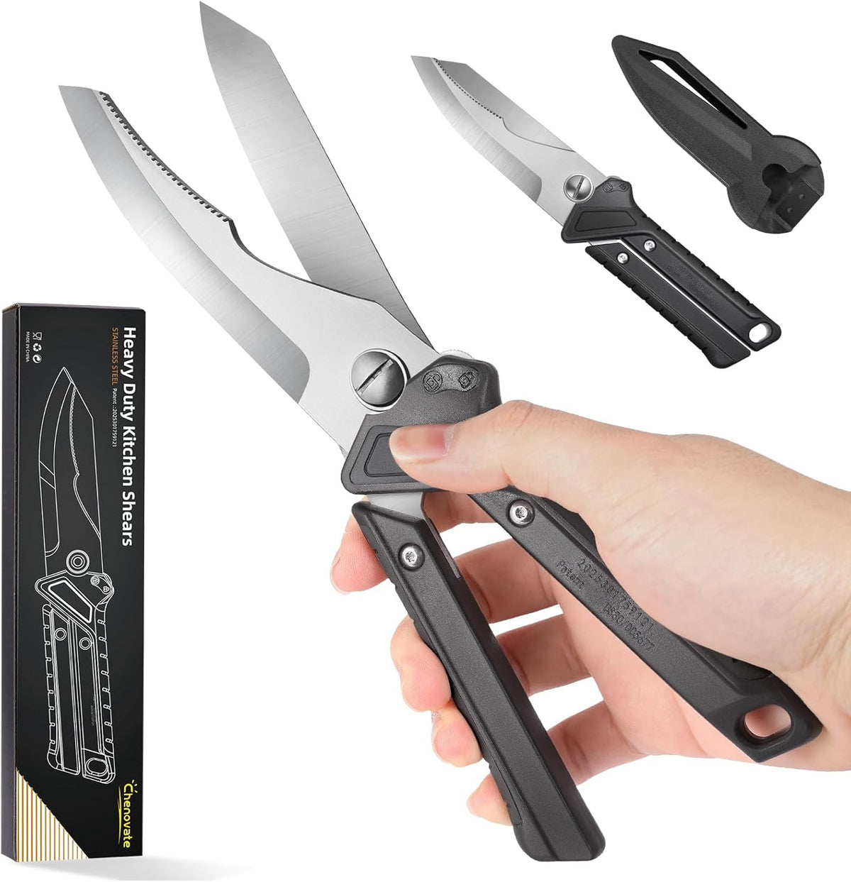 Chenovate® Heavy Duty Kitchen Scissors,Kitchen Shears with Knife & Scissor Switch Lock,Food Scissors Fit for Poultry Bones,Turkey,Meat Cutting,Veggies,Fish,Pizza (orange)