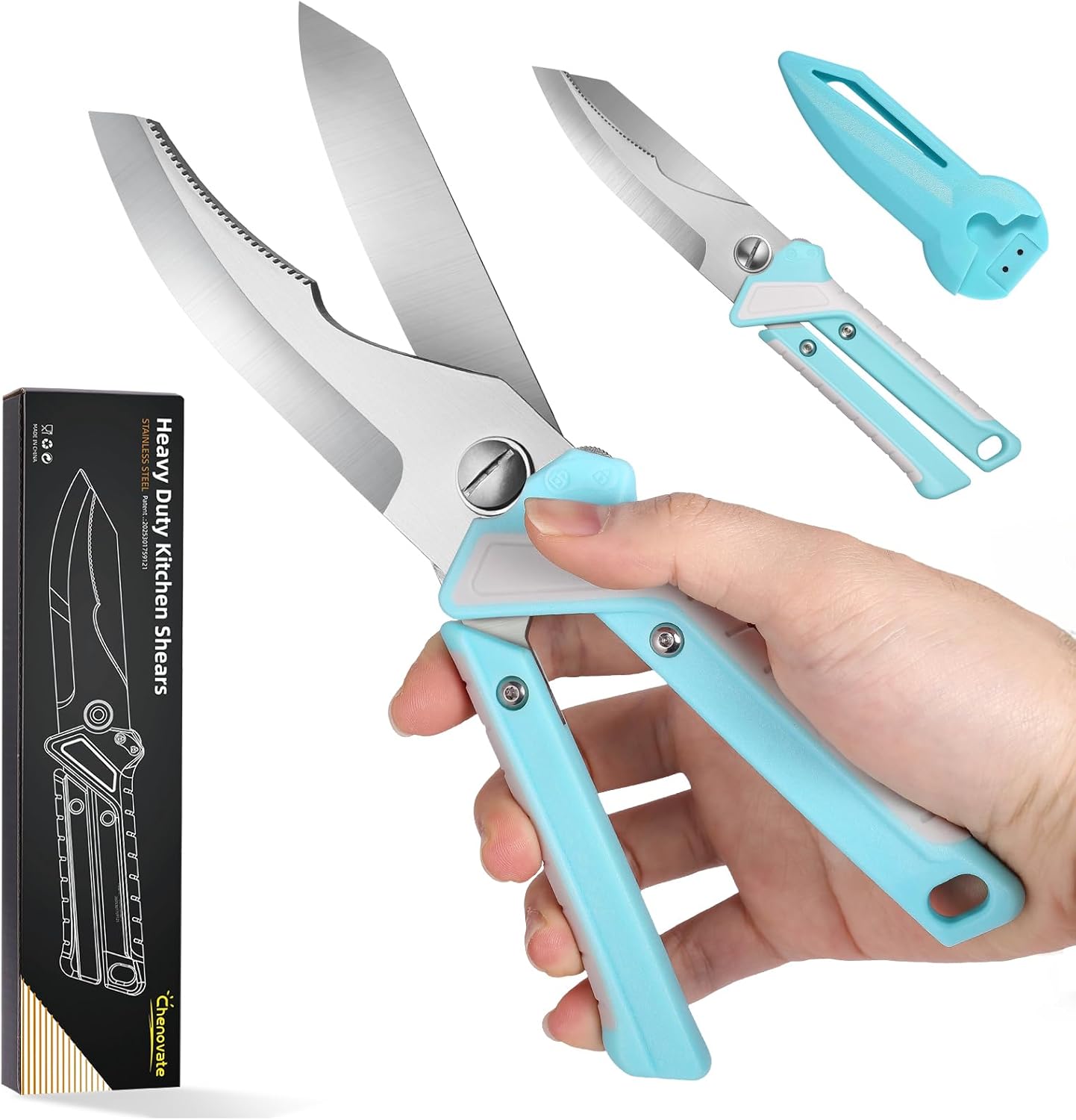 Chenovate® Heavy Duty Kitchen Scissors,Kitchen Shears with Knife & Scissor Switch Lock,Food Scissors Fit for Poultry Bones,Turkey,Meat Cutting,Veggies,Fish,Pizza (orange)