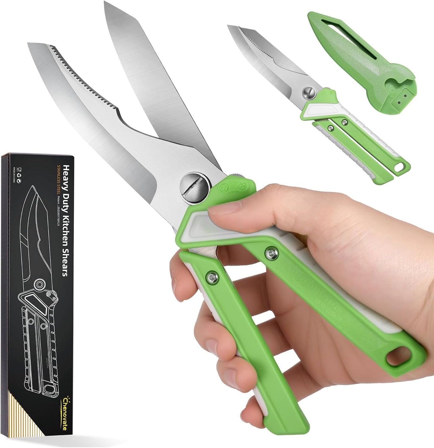 Chenovate® Heavy Duty Kitchen Scissors,Kitchen Shears with Knife & Scissor Switch Lock,Food Scissors Fit for Poultry Bones,Turkey,Meat Cutting,Veggies,Fish,Pizza (orange)