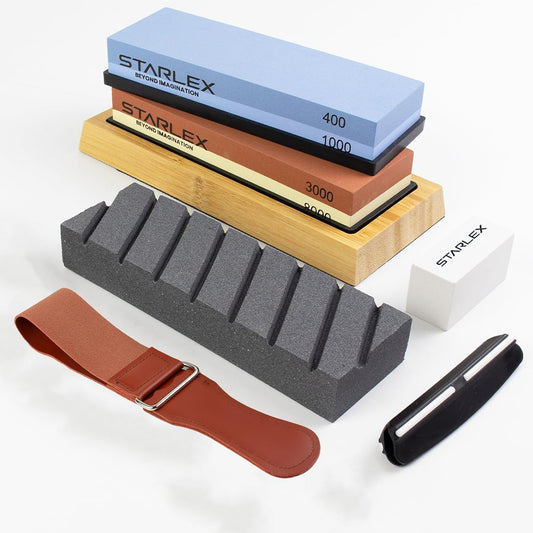 Premium Knife Sharpening Stone Set – Dual Grit Whetstones (400/1000 & 3000/8000), Leather Strop, Flattening Stone, Bamboo Base, Non-Slip Bases & Angle Guide for Kitchen, Chef & Hunting Knives