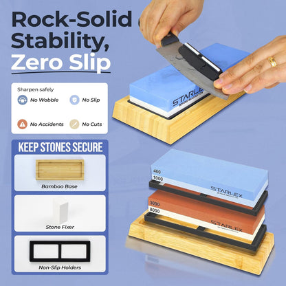 Premium Knife Sharpening Stone Set – Dual Grit Whetstones (400/1000 & 3000/8000), Leather Strop, Flattening Stone, Bamboo Base, Non-Slip Bases & Angle Guide for Kitchen, Chef & Hunting Knives