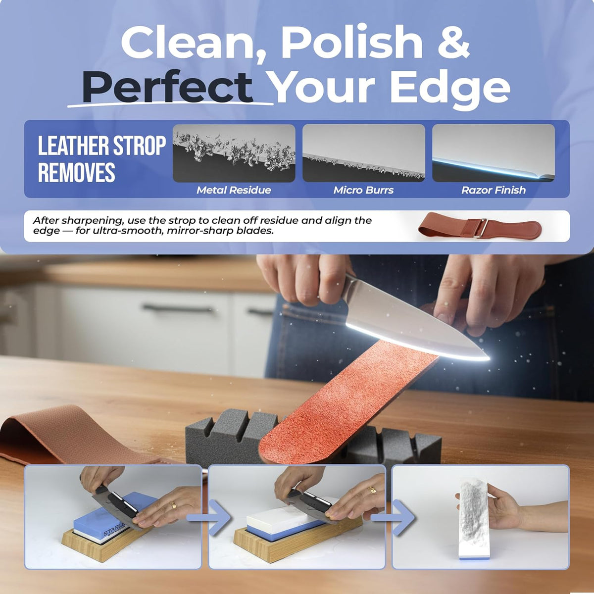 Premium Knife Sharpening Stone Set – Dual Grit Whetstones (400/1000 & 3000/8000), Leather Strop, Flattening Stone, Bamboo Base, Non-Slip Bases & Angle Guide for Kitchen, Chef & Hunting Knives