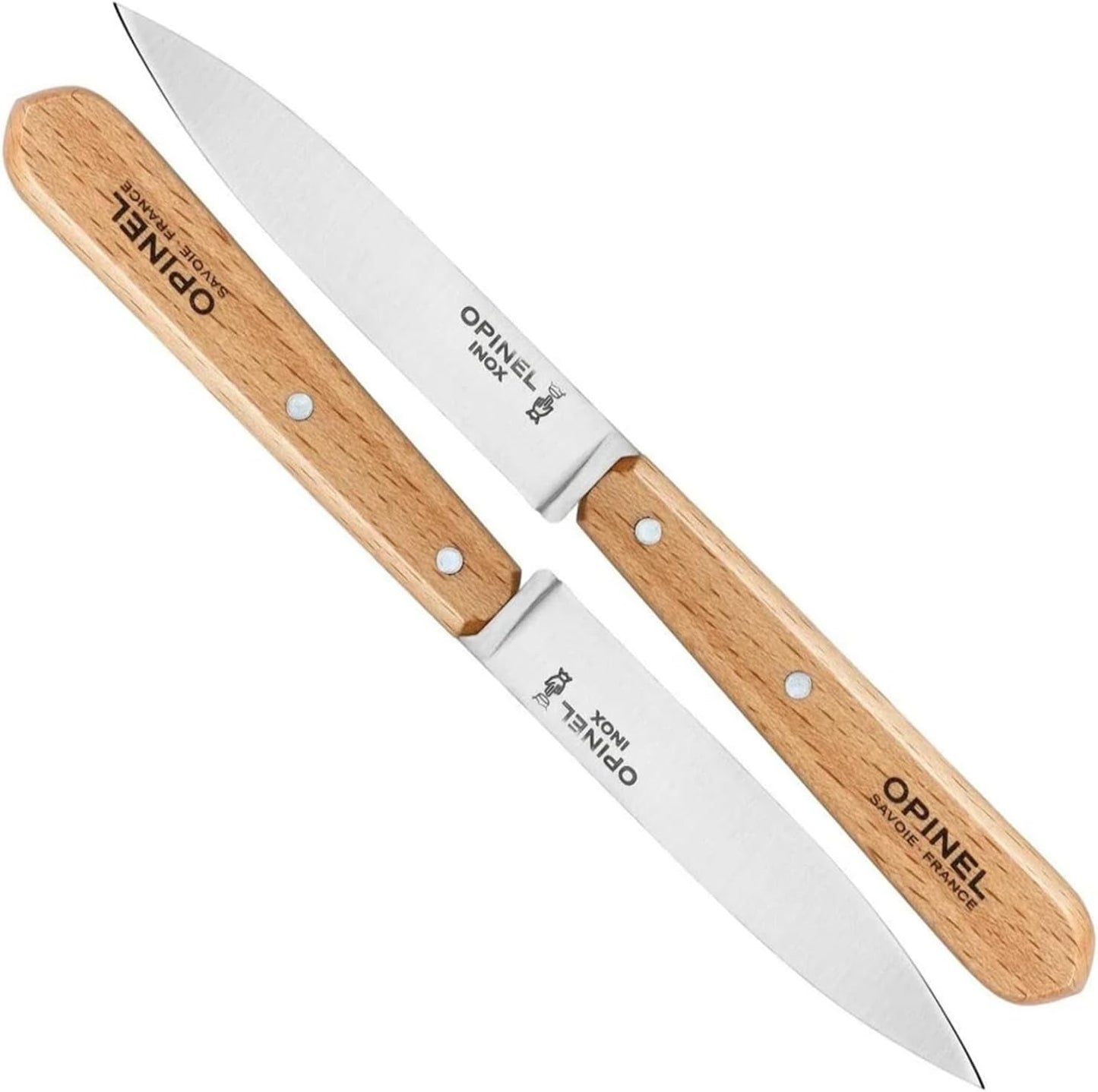 No. 112 Paring Knives 2 Piece Set, Sandvik 12C27 Steel Everyday Use Prep Knives for Chopping, Peeling, Slicing, Trimming, Stabilized Sustainably Harvested Beechwood Handles, Made in France