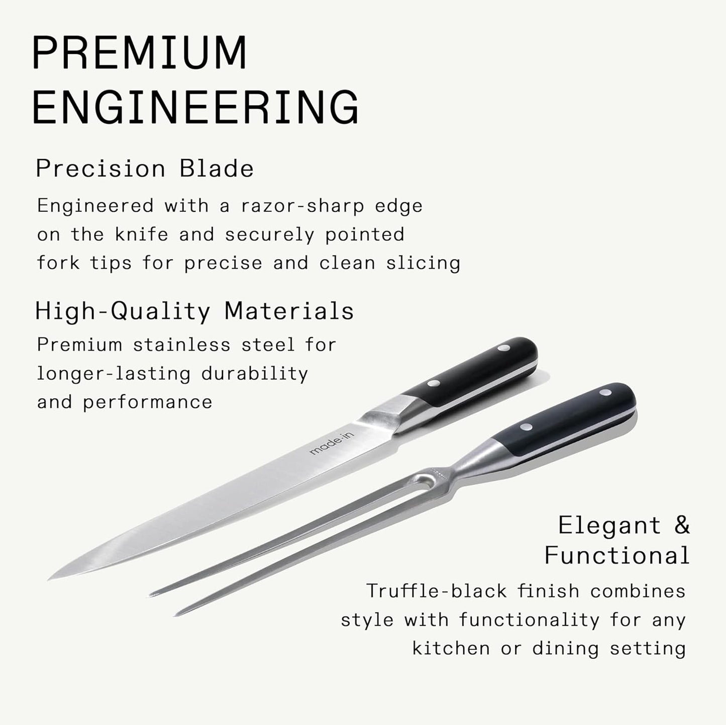 Cookware - Carving Set (Includes Carving Knife and Fork) - Crafted in France - Full Tang with Black POM Handle