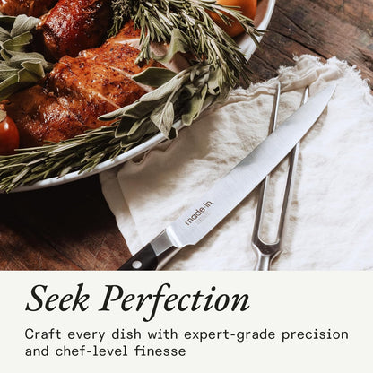 Cookware - Carving Set (Includes Carving Knife and Fork) - Crafted in France - Full Tang with Black POM Handle