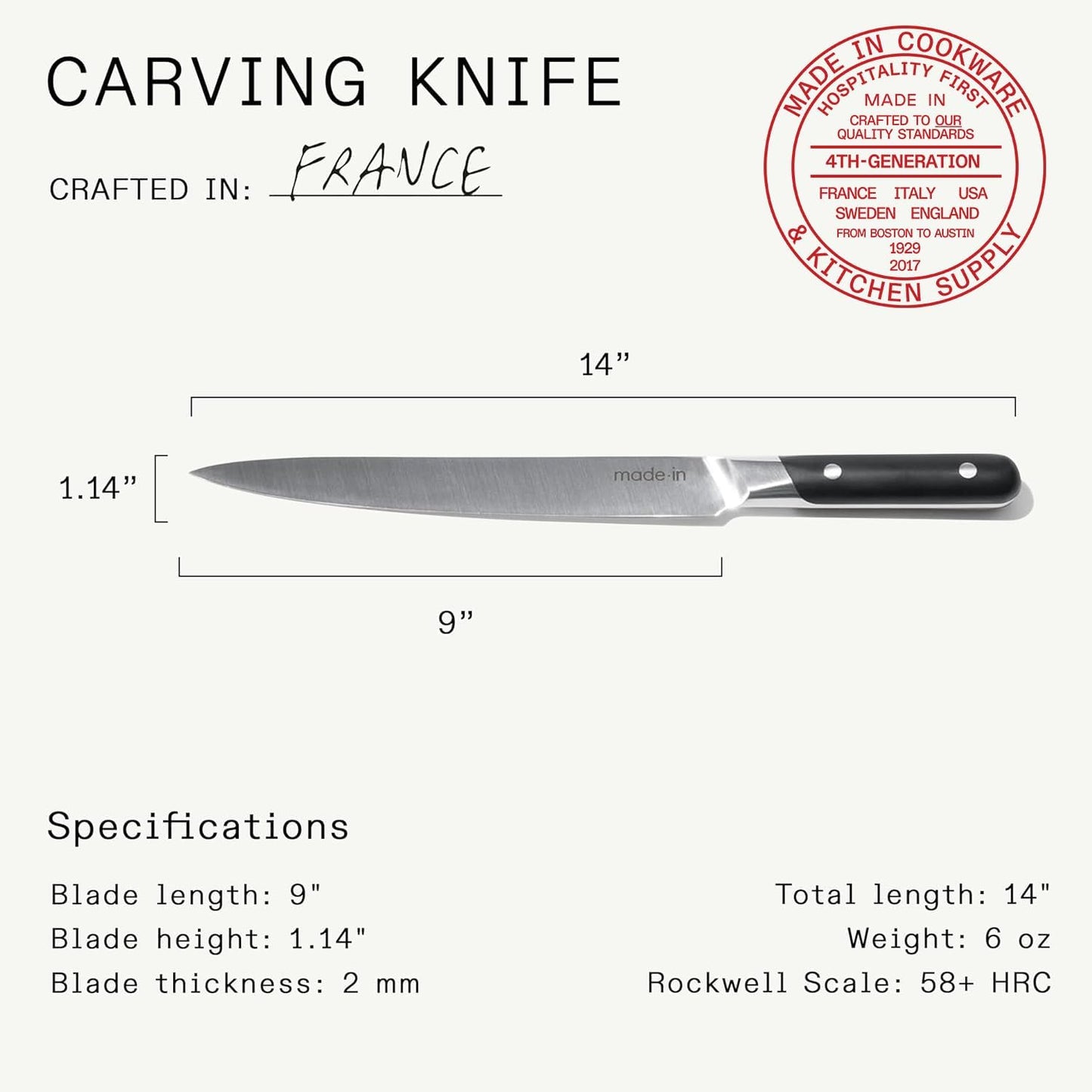Cookware - Carving Set (Includes Carving Knife and Fork) - Crafted in France - Full Tang with Black POM Handle