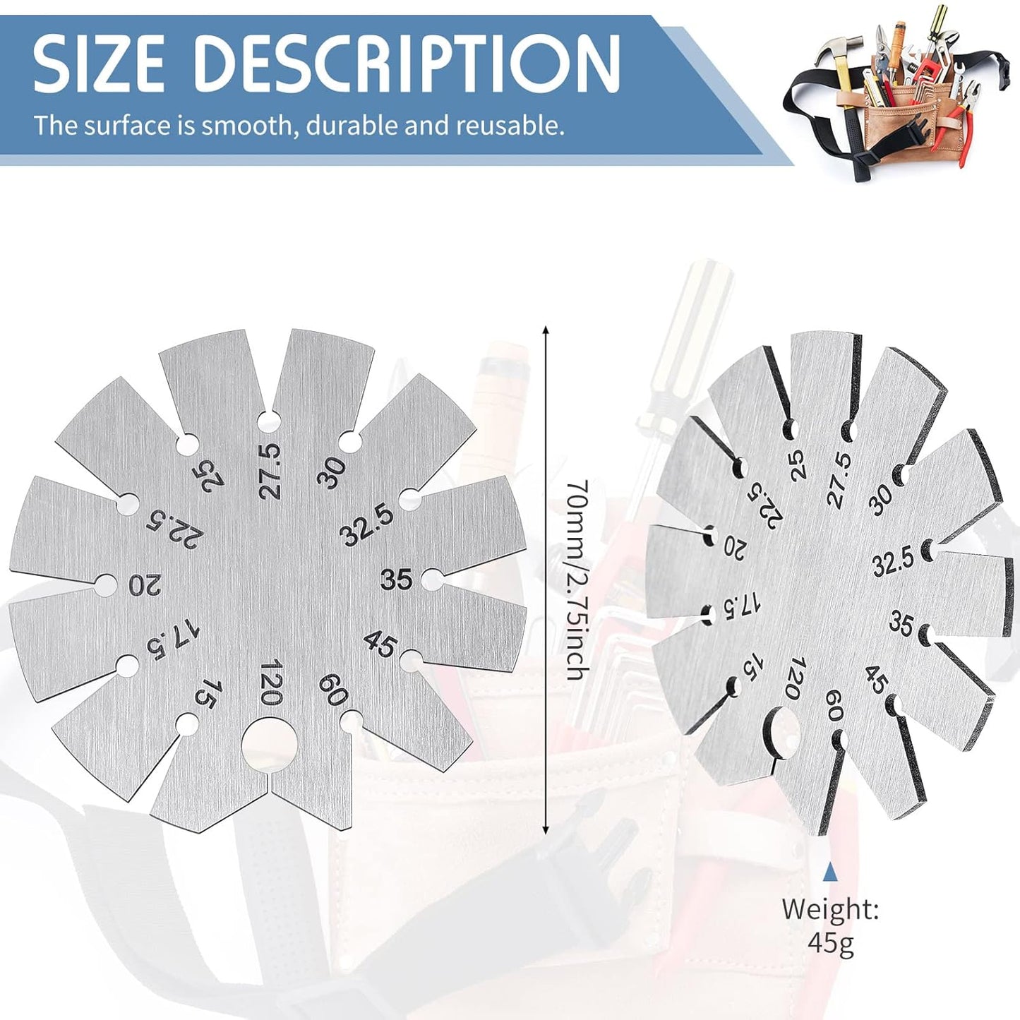 2 Piece Stainless Steel Bevel Axe Angle Finder - Round Shape Knife Blade Angle Gauge 15-120 Degrees