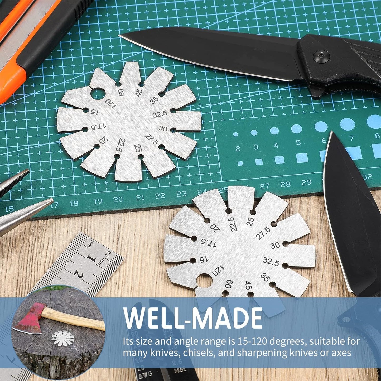 2 Piece Stainless Steel Bevel Axe Angle Finder - Round Shape Knife Blade Angle Gauge 15-120 Degrees