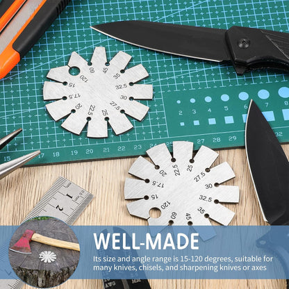 2 Piece Stainless Steel Bevel Axe Angle Finder - Round Shape Knife Blade Angle Gauge 15-120 Degrees