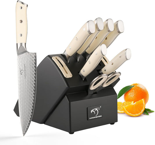 Knife Sets 10 Pieces for Kitchen with Block, Damascus Kitchen Knife Set with Block, ABS Ergonomic Handle for Chef Knife Set and Kitchen Shear