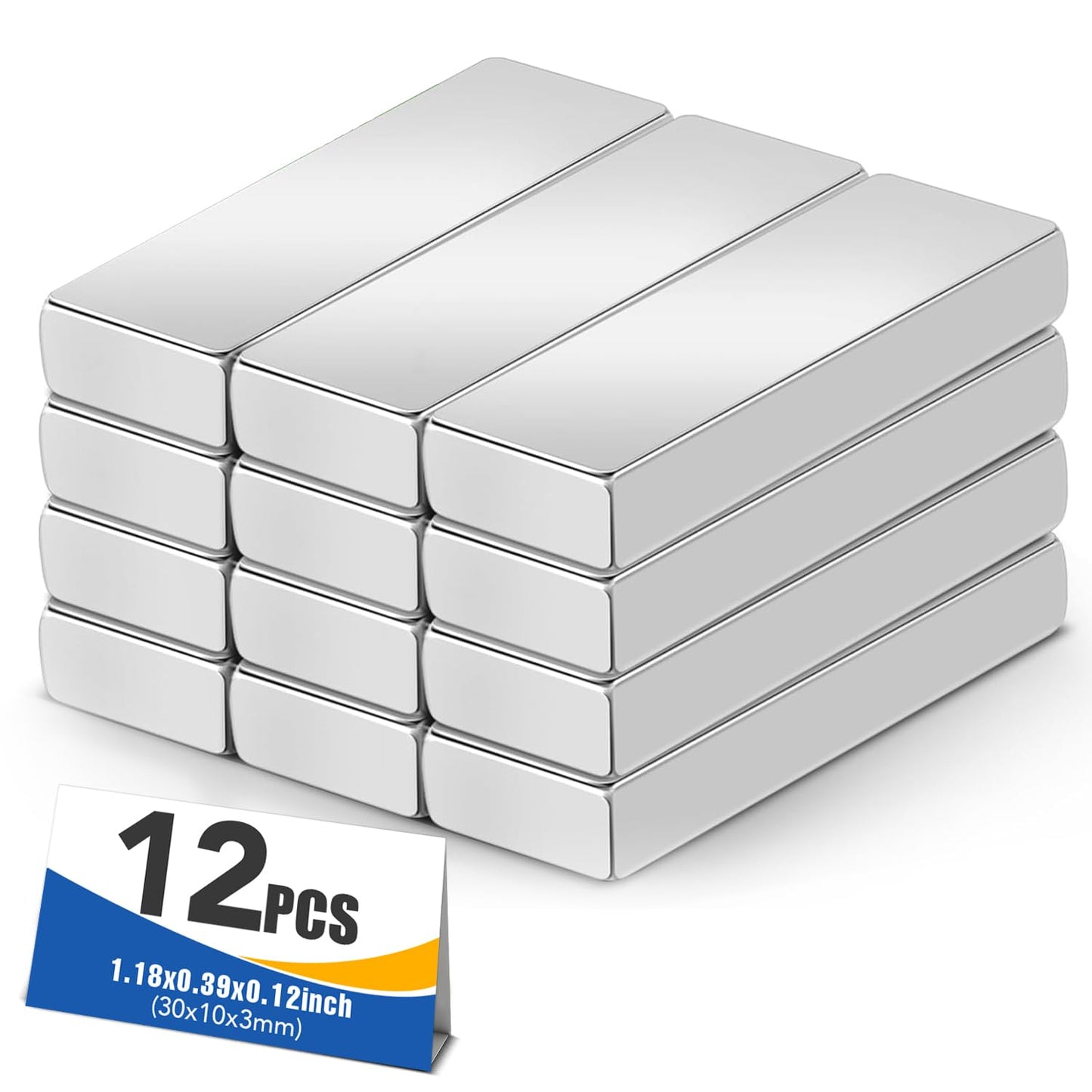 Magnets, 12 Pack Neodymium Bar Magnets with Double-Sided Adhesive, Strong Magnet Heavy Duty Magnetic Strips, Powerful Rare Earth Metal Magnet for Locker, Fridge, Office - 60x10x5 mm
